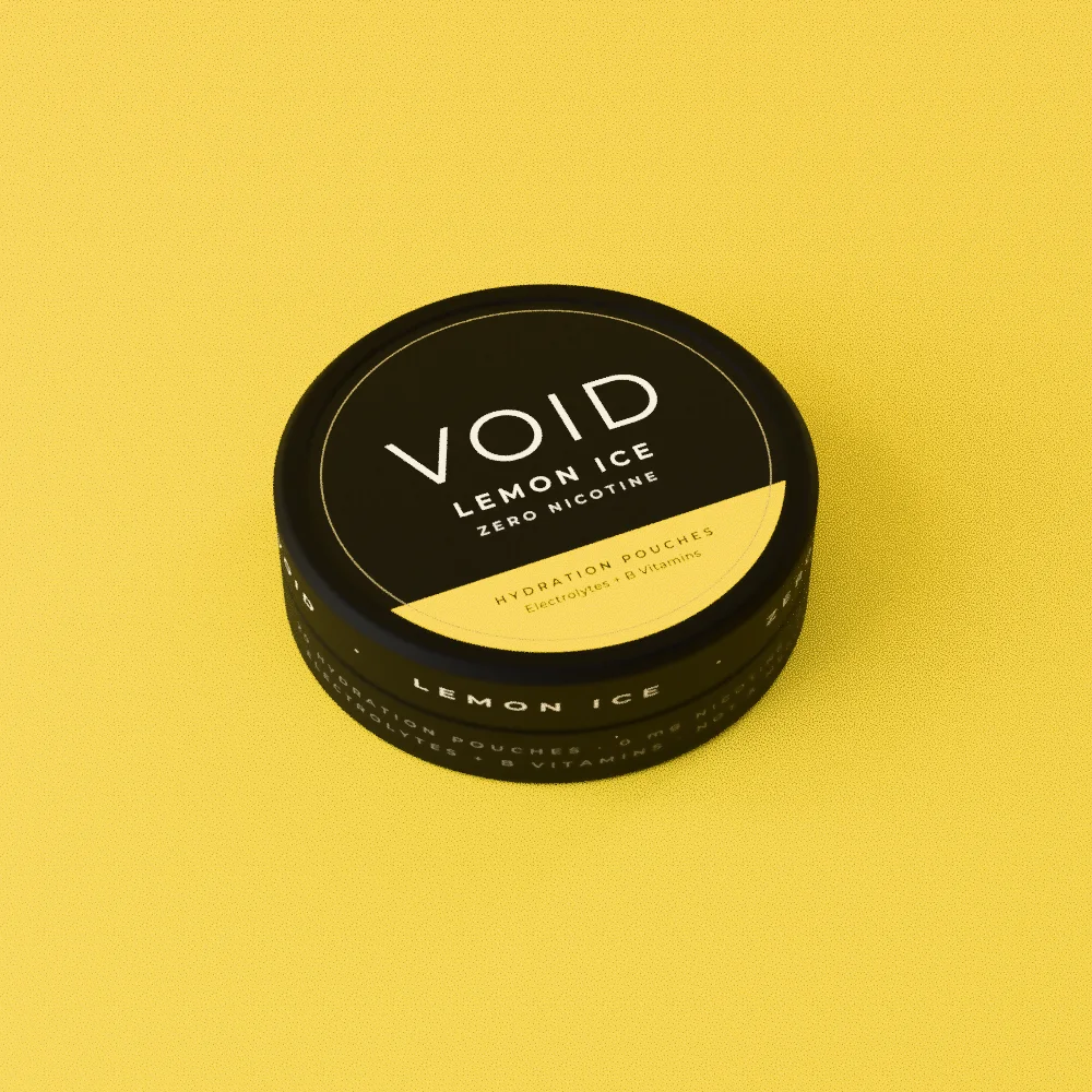 A closed VOID Lemon Ice can on yellow paper.